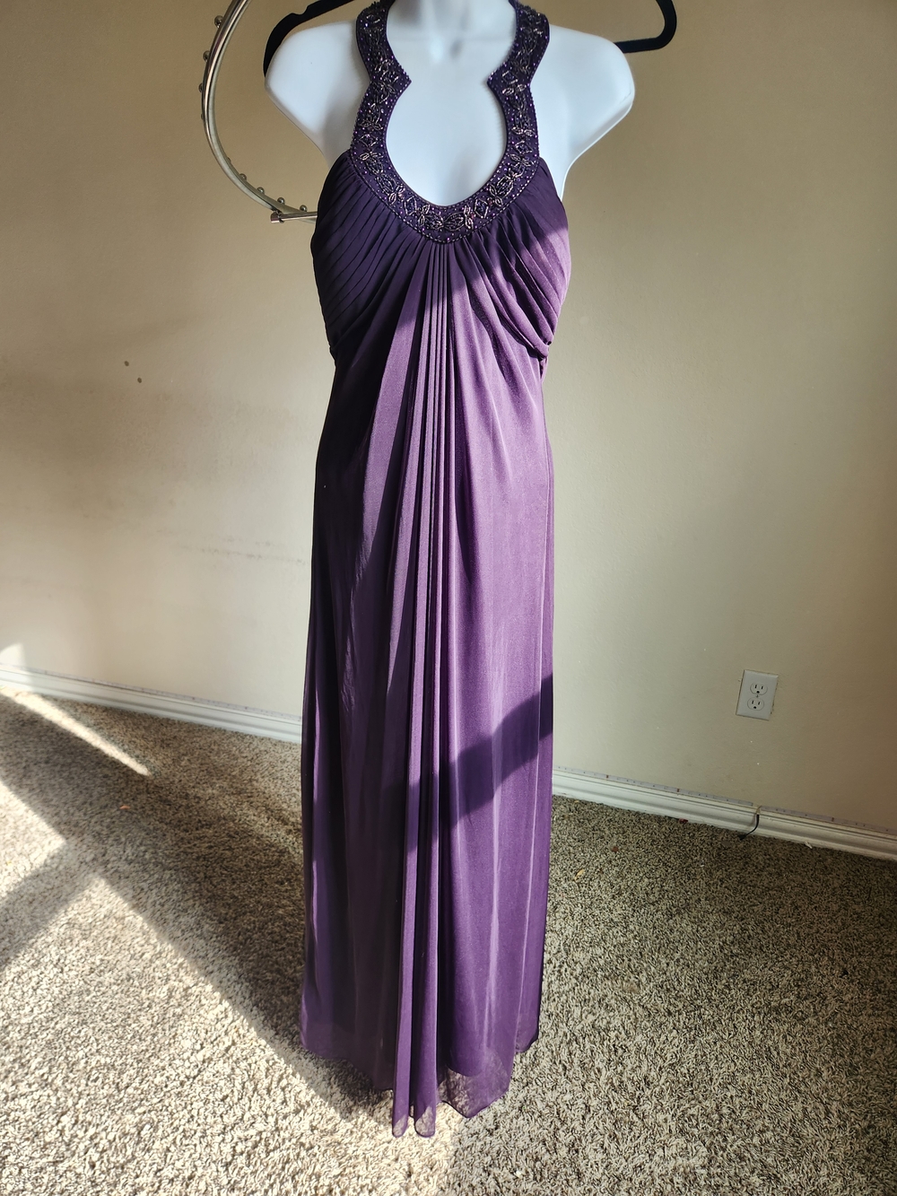 Xscape Purple Beaded Halter Maxi Dress